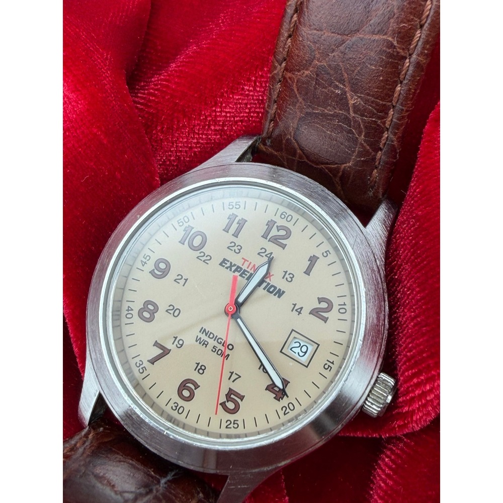 Timex Expedition Indiglo Watch Cream Dial Brown Leather Strap WR 50M CR2016